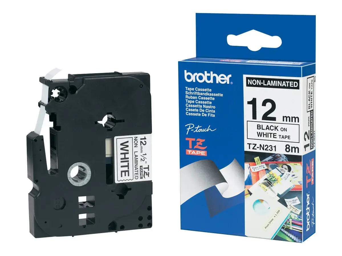 Brother Nelaminuota juoda ant baltos juostelė, Juoda ant baltos, TZ, Juoda, Terminis perkėlimas, Brother, PT-200, PT-210E, PT-220, PT-300, PT-310, PT-340, PT-340C, PT-350, PT-540, PT-540C, PT-550,...