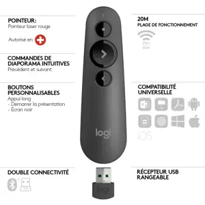 "Logitech R500", "Bluetooth/RF", USB, 20 m, grafito spalvos