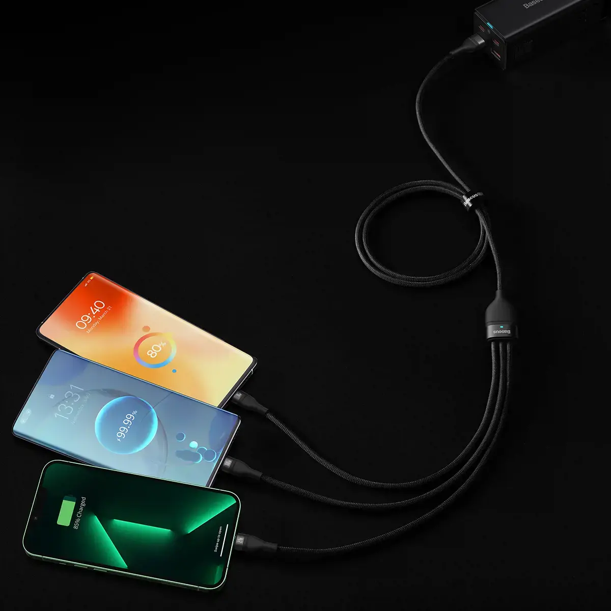 3in1 USB cable Baseus Flash Series, USB-C + micro USB + Lightning, 100W, 1.2m (black)