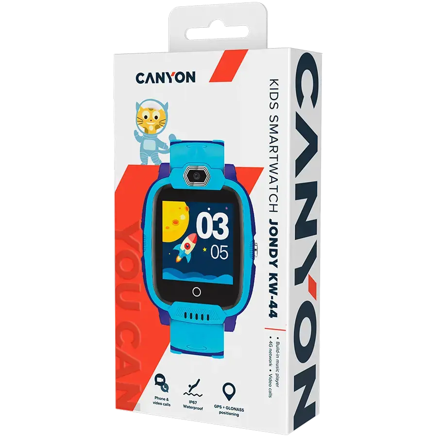 CANYON Jondy KW-44, 1.44''IPS 240*240, ASR3603S, Nano SIM, 192+128MB+512MB TF kortelė, GSM(B3/B8), LTE(B1.2.3.5.7.8.20) 700mAh baterija, GPS+Glonas, "iOS" ir "Android" programėlė, MP3 garso grotuvas, 7 žaidimai, fotoaparatas, šeimininkas:53.3*43.5*16mm dirželis:230*20mm,48g, mėlyna