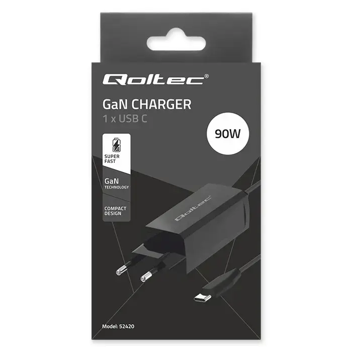 Qoltec 52420 90W GaN Super Fast Charger| 5-20V | 3-4.5A | USB-C 3.1
