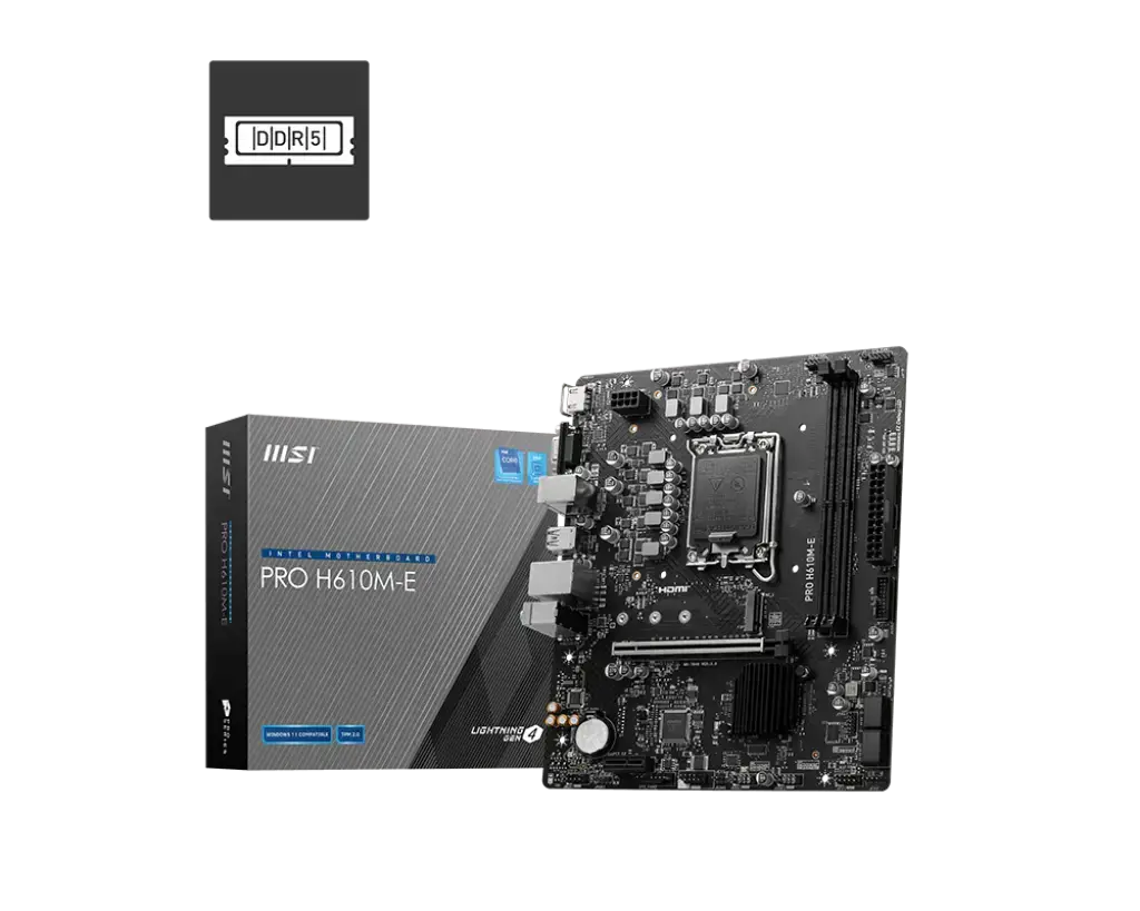MSI PRO H610M-E, "Intel", LGA 1700, "Intel® Celeron®", "Intel® Core™ i3", "Intel® Core™ i5", "Intel® Core™ i7", "Intel® Core™ i9", "Intel Pentium G", LGA 1700, DDR5-SDRAM, 96 GB