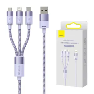 "3-in-1" "Baseus StarSpeed" USB kabelis, USB-C + micro USB + "Lightning", 3,5 A, 1,2 m (violetinis)