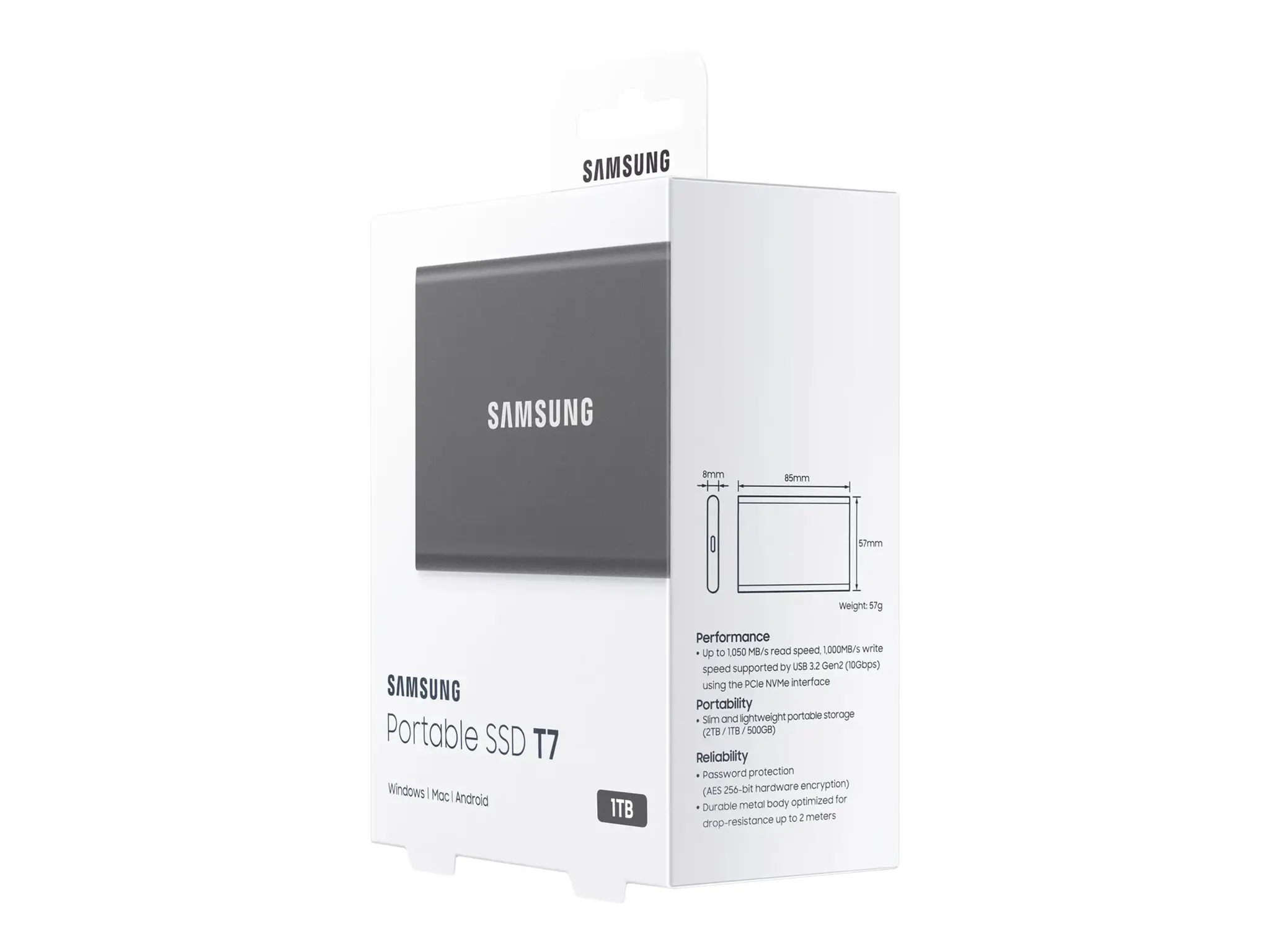 "Samsung" nešiojamasis SSD diskas T7, 1000 GB, C tipo USB, 3.2 Gen 2 (3.1 Gen 2), 1050 MB/s, apsauga nuo slaptažodžio, pilkas