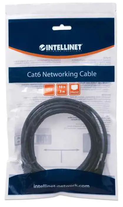INTELLINET tinklo kabelis Cat6 U/UTP 3,0 m 10 pėdų juodas RJ-45 vyriškas / RJ-45 vyriškas paauksuoti kontaktai Polybag