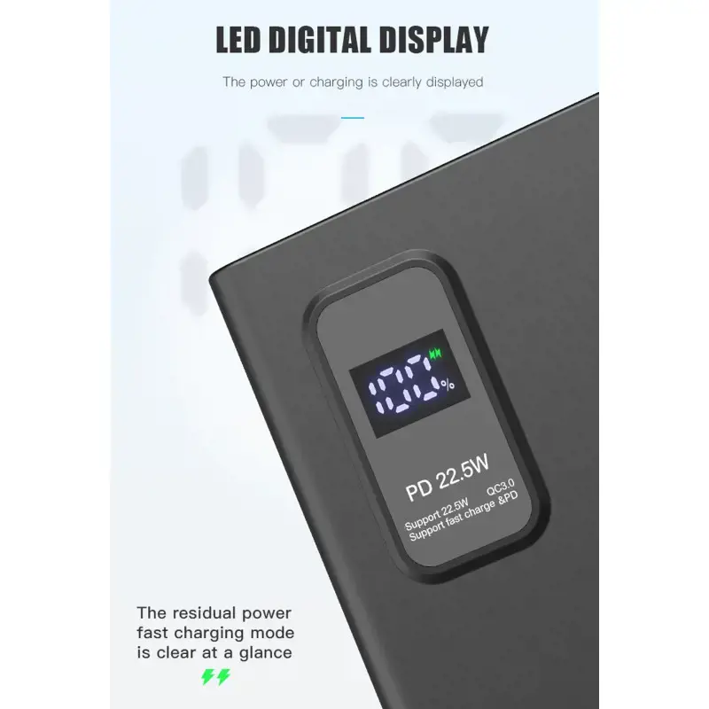Plokštelės maitinimo bankas 10000mAh PD QC LED, juodos spalvos