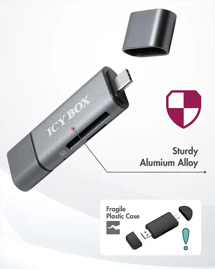 ICY BOX IB-CR200-C, MicroSD (TransFlash), SD, juoda, 480 Mbps, aliuminis, plastikas, 128 GB, USB 2.0