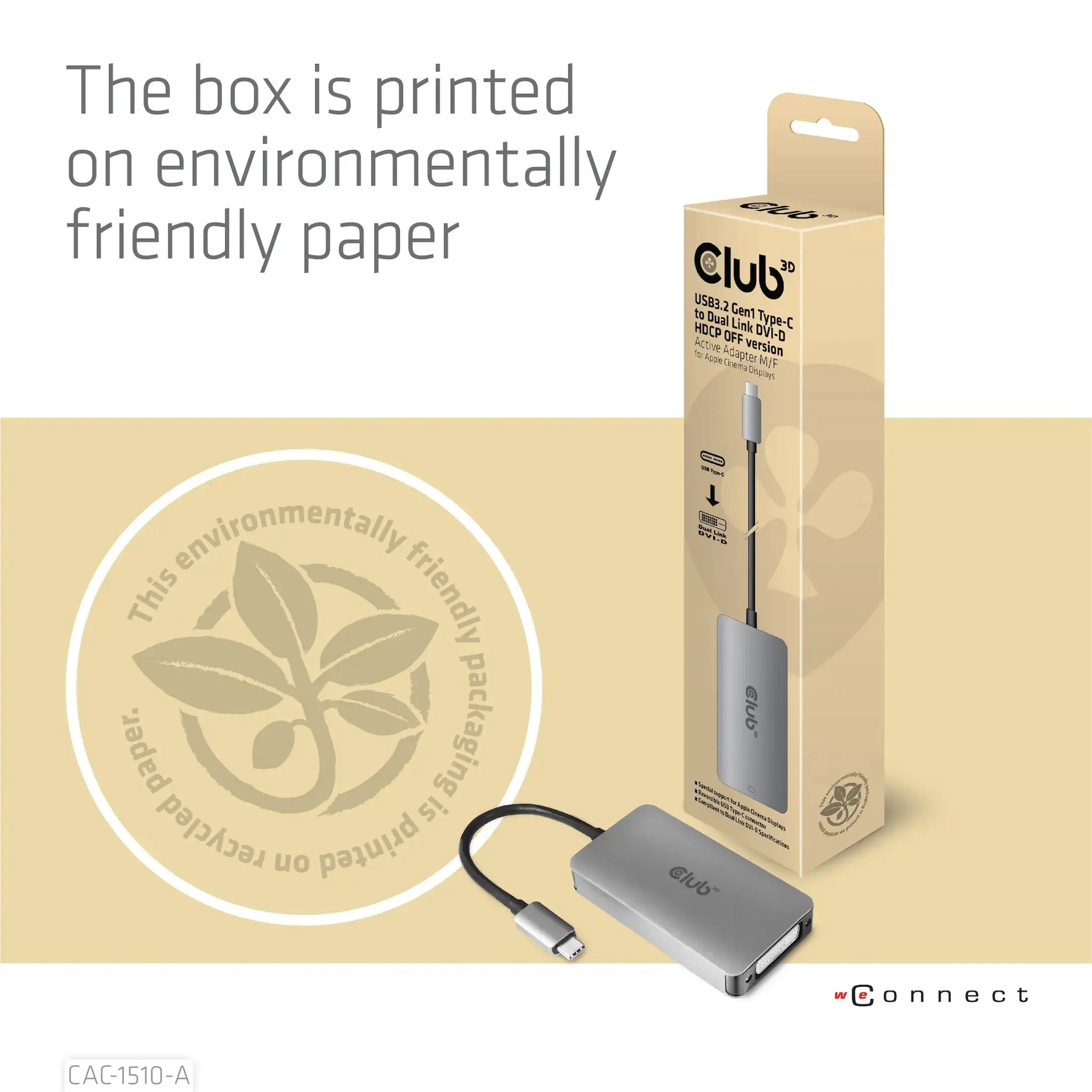 CLUB3D USB3.2 Gen1 Type-C to Dual Link DVI-D HDCP OFF version Active Adapter M/F for Apple Cinema Displays, 0.25 m, USB Type-C, DVI, Male, Female, 3840 x 2160