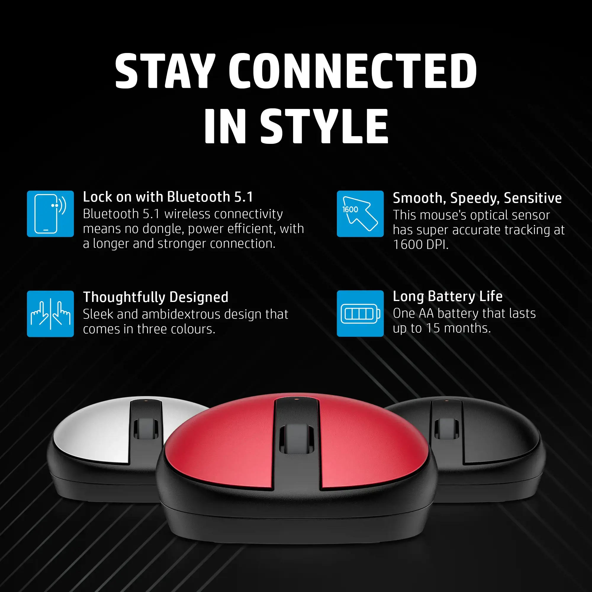 HP 240 Pike Silver Bluetooth Mouse, Ambidextrous, Optical, Bluetooth, 1600 DPI, Silver