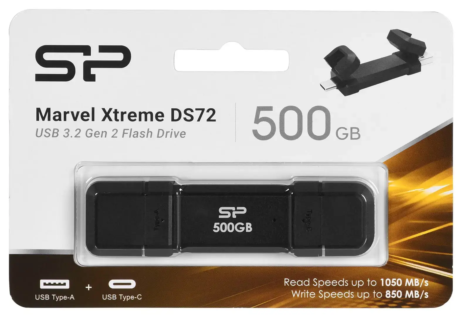 SILICON POWER DS72 Dual USB-C/USB 3.2 Gen 2 Portable External SSD, 500GB, Black