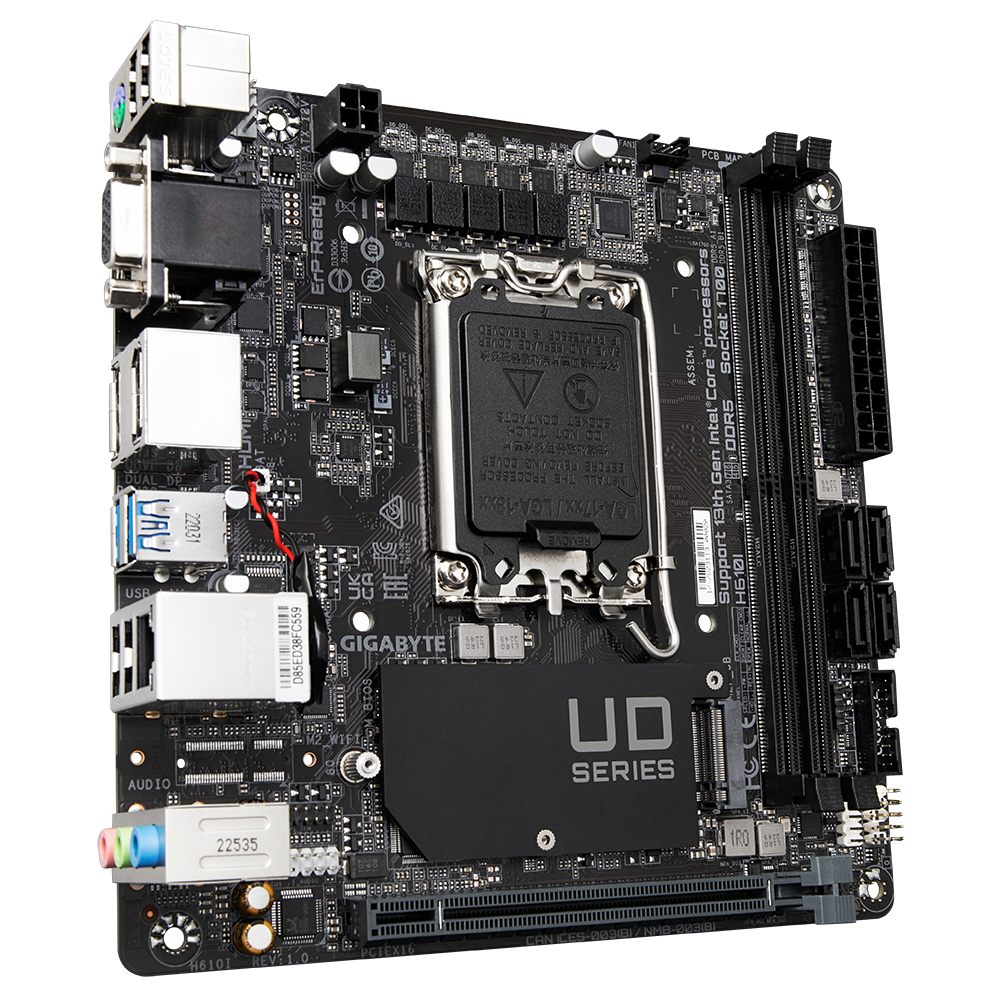 GIGABYTE H610I Motherboard - Supports Intel Core 14th CPUs, 4+1+1 Hybrid Digital VRM, up to 5600MHz DDR5, 1xPCIe 3.0 M.2, GbE LAN, USB 3.2 Gen 1, Intel, LGA 1700, Intel® Celeron®, Intel® Core™ i3, Intel® Core™ i5, Intel® Core™ i7, Intel® Core™ i9, Intel Pentium G, LGA 1700, 64 GB, DDR5-SDRAM