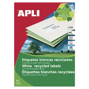 Lipnios etiketės APLI, 105 x 148 mm, A4, perdirbti, 4 lipdukai lape, 100 lapų, balta