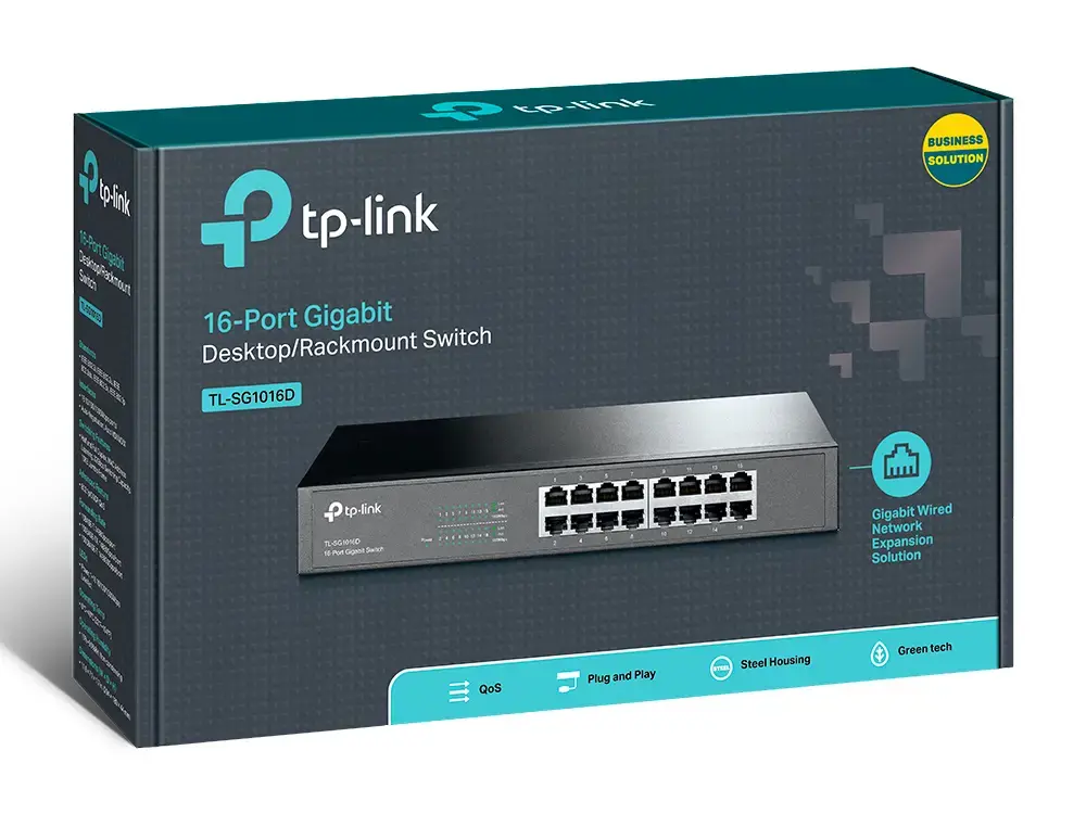 "TP-Link" 16 prievadų "Gigabit" tinklo komutatorius, nevaldomas, "Gigabit Ethernet" (10/100/1000), dvipusis duomenų perdavimas, montuojamas į stovą