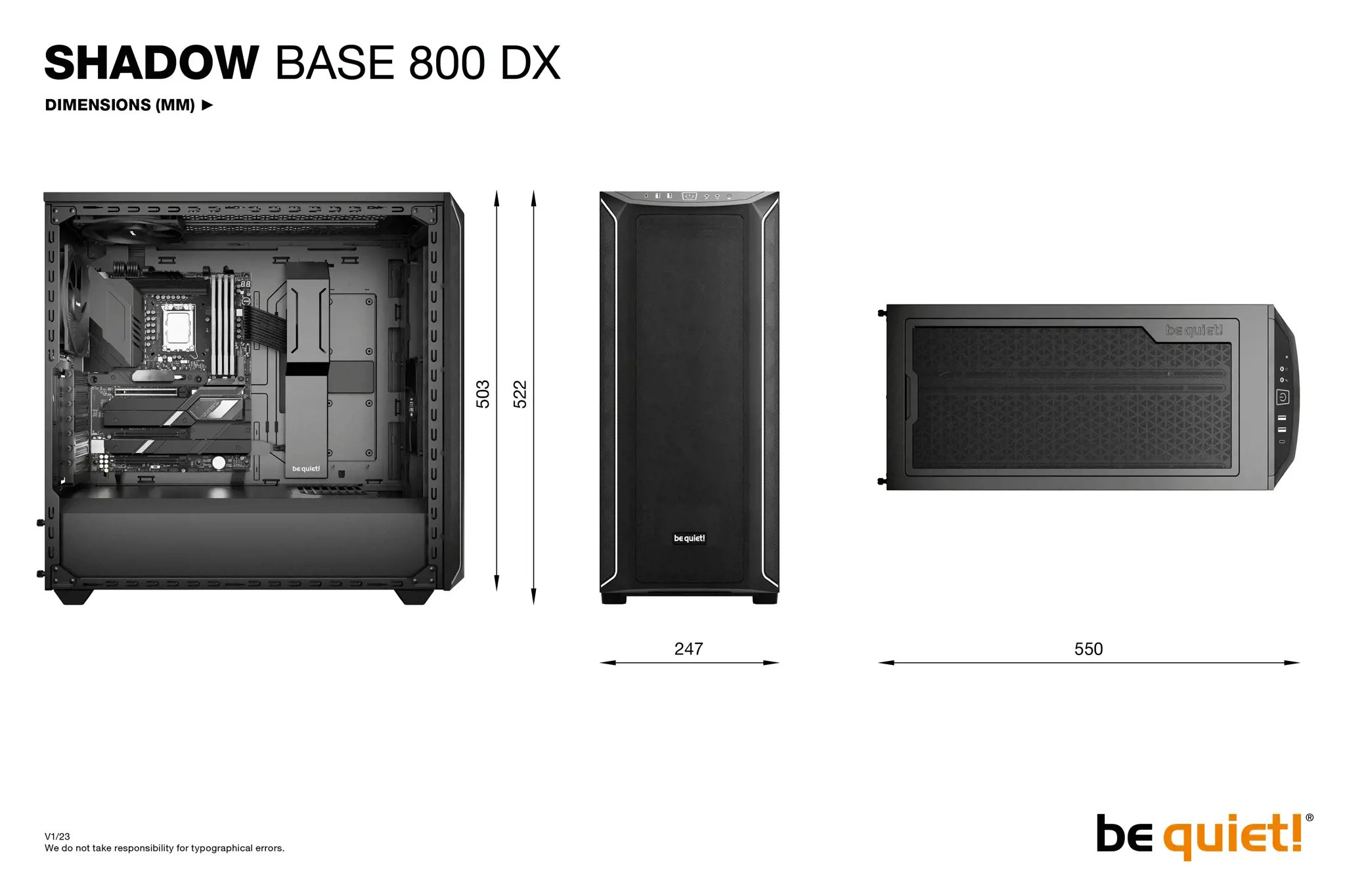 Būkite tylūs! Shadow Base 800 DX Black, Midi Tower, Kompiuteris, Juoda, ATX, EATX, micro ATX, Mini-ITX, Akrilonitrilo butadieno stirenas (ABS), Plienas, Grūdintas stiklas, Multi