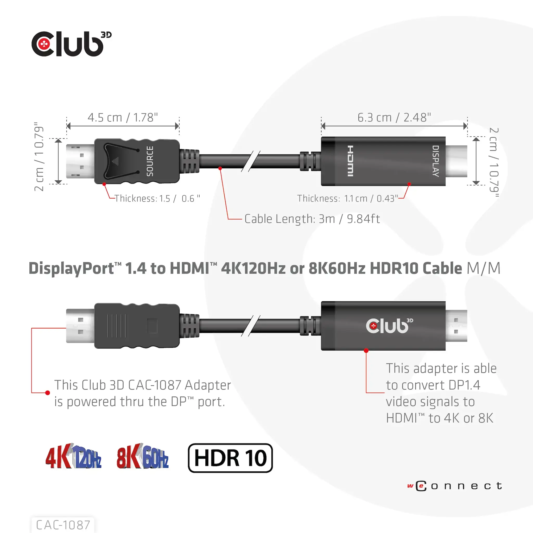 CLUB3D DisplayPort 1.4 to HDMI 4K120Hz or 8K60Hz HDR10 Cable M/M 3m/9.84ft, 3 m, DisplayPort, HDMI, Male, Male, Straight