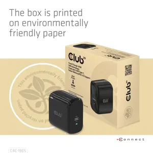 CLUB3D Travel Charger 65W GAN technology, Single port USB Type-C, Power Delivery(PD) 3.0 Support, Indoor, AC, Black
