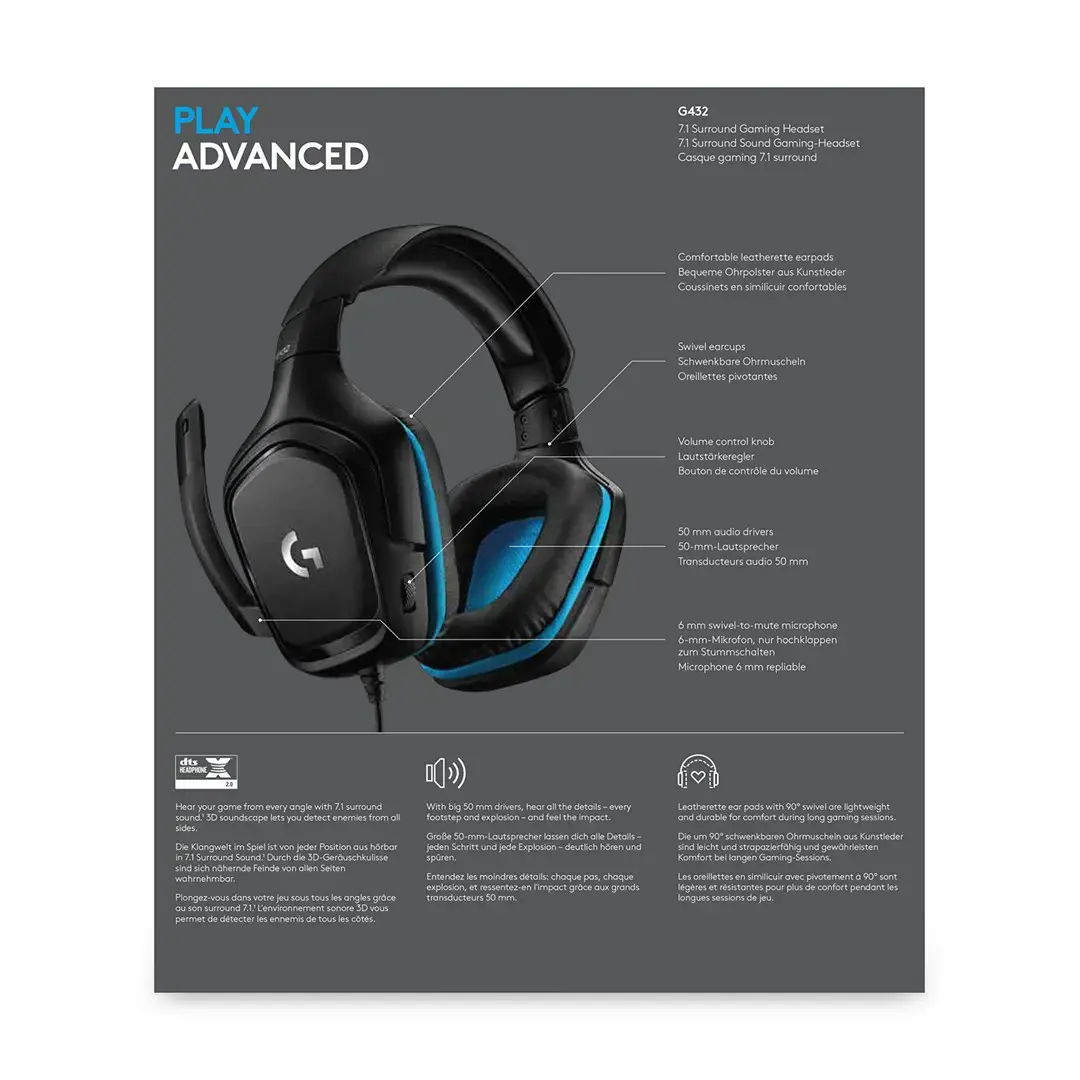 LOGITECH G432 laidinės 7.1 žaidimų ausinės - odinės - juodos/mėlynos spalvos - USB