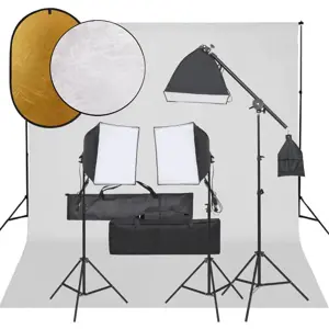 Fotostudijos rinkinys su šviestuvais, fonu ir reflektoriumi