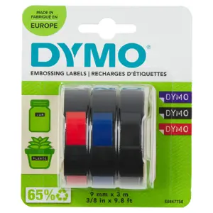 DYMO Authentic Embossing Labels | 9mm x 3m | BlackBlue & Red Self-Adhesive Labelling Tape | for Emb…