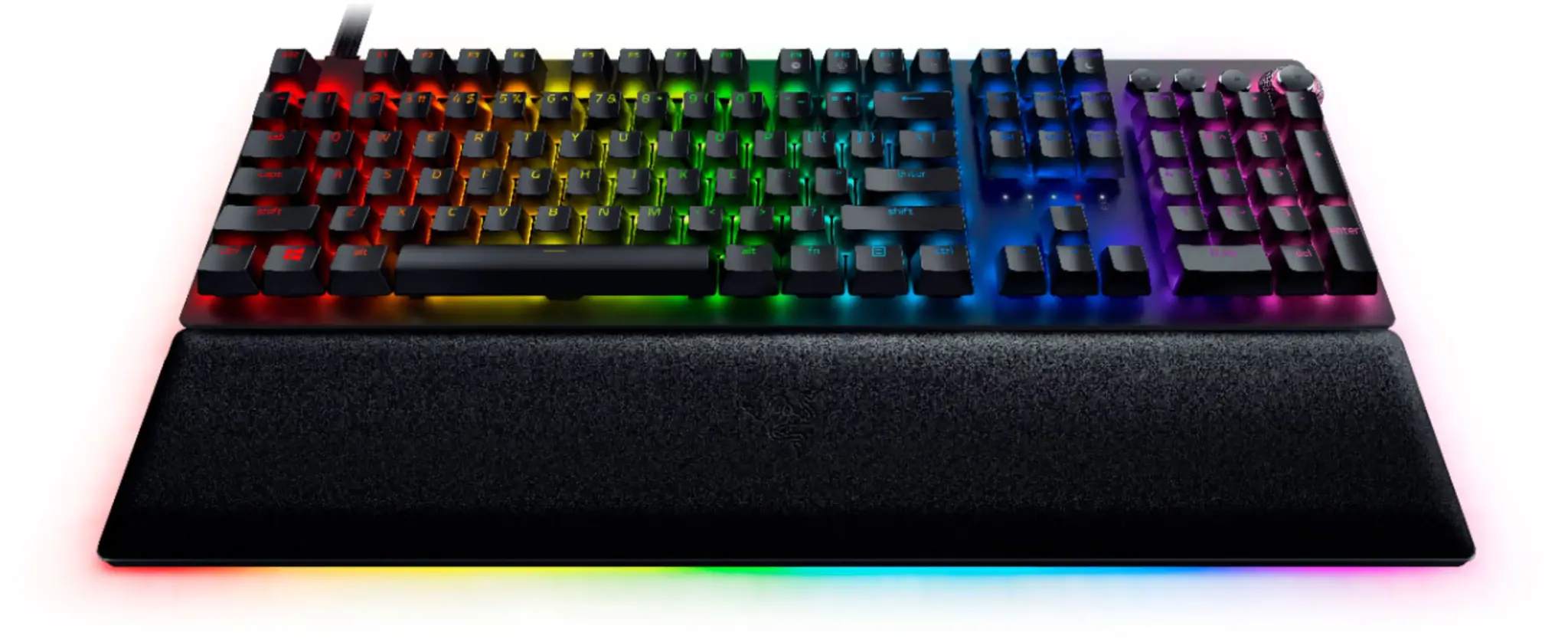 "Razer Huntsman V2" optinė žaidimų klaviatūra su RGB LED apšvietimu, QWERTY JAV tarptautinė, laidinė, juoda, "Clicky Purple" jungiklis, skaitmeninė klaviatūra