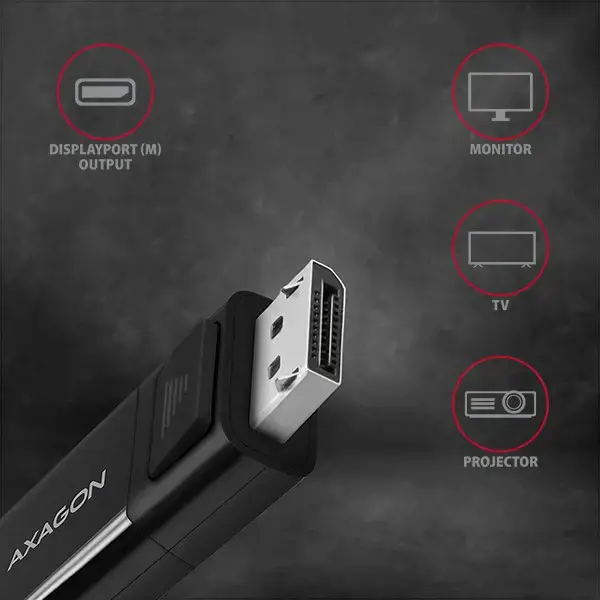Aktyvusis USB-C -> DisplayPort kabelis - adapteris AXAGON RVC-DPC, skirtas prijungti "DisplayPort" monitorių, televizorių ir projektorių prie nešiojamojo kompiuterio arba mobiliojo telefono naudojant C tipo USB jungtį.
