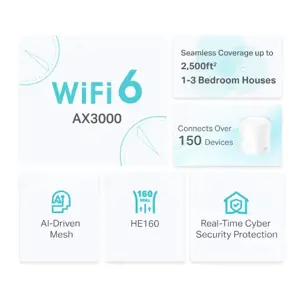 "TP-Link AX3000 Whole Home Mesh WiFi 6 Unit", baltas, vidinis, CE: (2,4 GHz) <20 dBm (2,4 GHz) <23 dBm (5 GHz) FCC: <30 dBm (2,4 GHz) <30 dBm (5 GHz), 0-40 °C, -40-70 °C, 10-90 %.