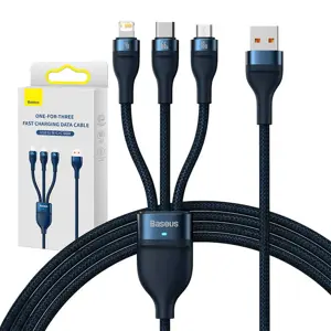 USB "3-in-1" laidas "Baseus Flash Series", USB-C + "micro USB" + "Lightning", 66 W, 1,2 m (mėlynas)