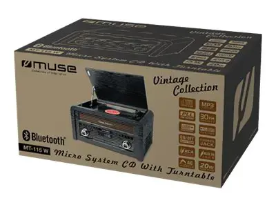 "Muse" grotuvo mikrosistema MT-115W USB jungtis, "Bluetooth", CD grotuvas, belaidis ryšys, AUX įvestis, FM radijas,