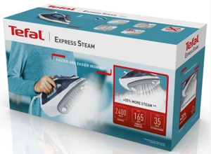 Tefal Express Steam FV2837, Dry & Steam iron, Cerilium soleplate, 1.9 m, 165 g/min, Blue, Grey, White, 35 g/min