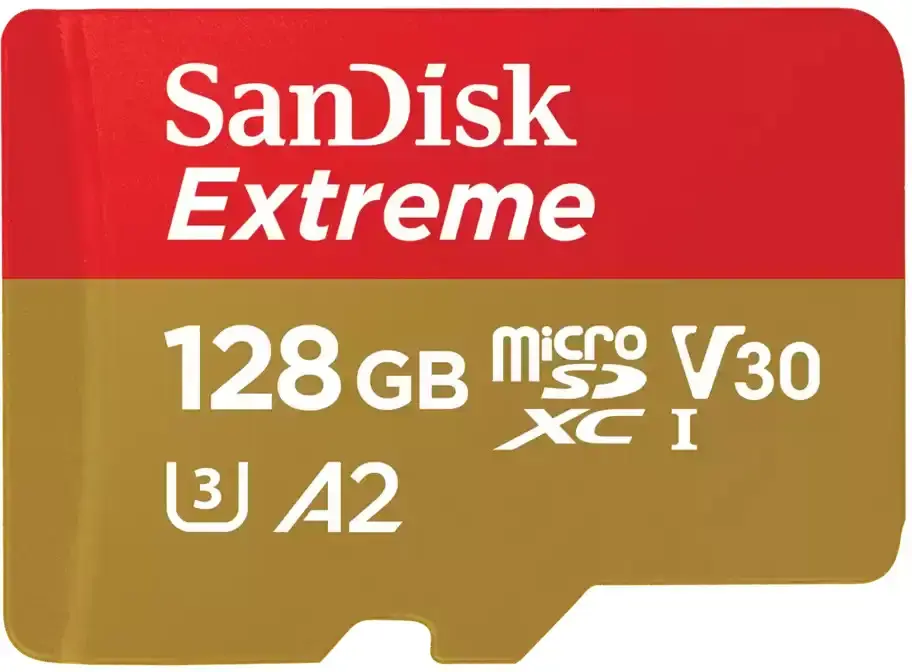 "SanDisk Extreme microSDXC" 128GB + SD adapteris + 1 metų "RescuePRO Deluxe" iki 190MB/s ir 90MB/s skaitymo/rašymo greitis A2 C10 V30 UHS-I U3; EAN:619659188450