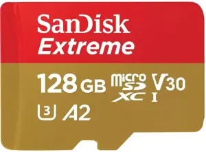 "SanDisk Extreme microSDXC" 128GB + SD adapteris + 1 metų "RescuePRO Deluxe" iki 190MB/s ir 90MB/s skaitymo/rašymo greitis A2 C10 V30 UHS-I U3; EAN:619659188450