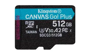 KINGSTON 512 GB microSDXC Canvas Go Plus 170R A2 U3 V30 vienkartinė pakuotė be ADP