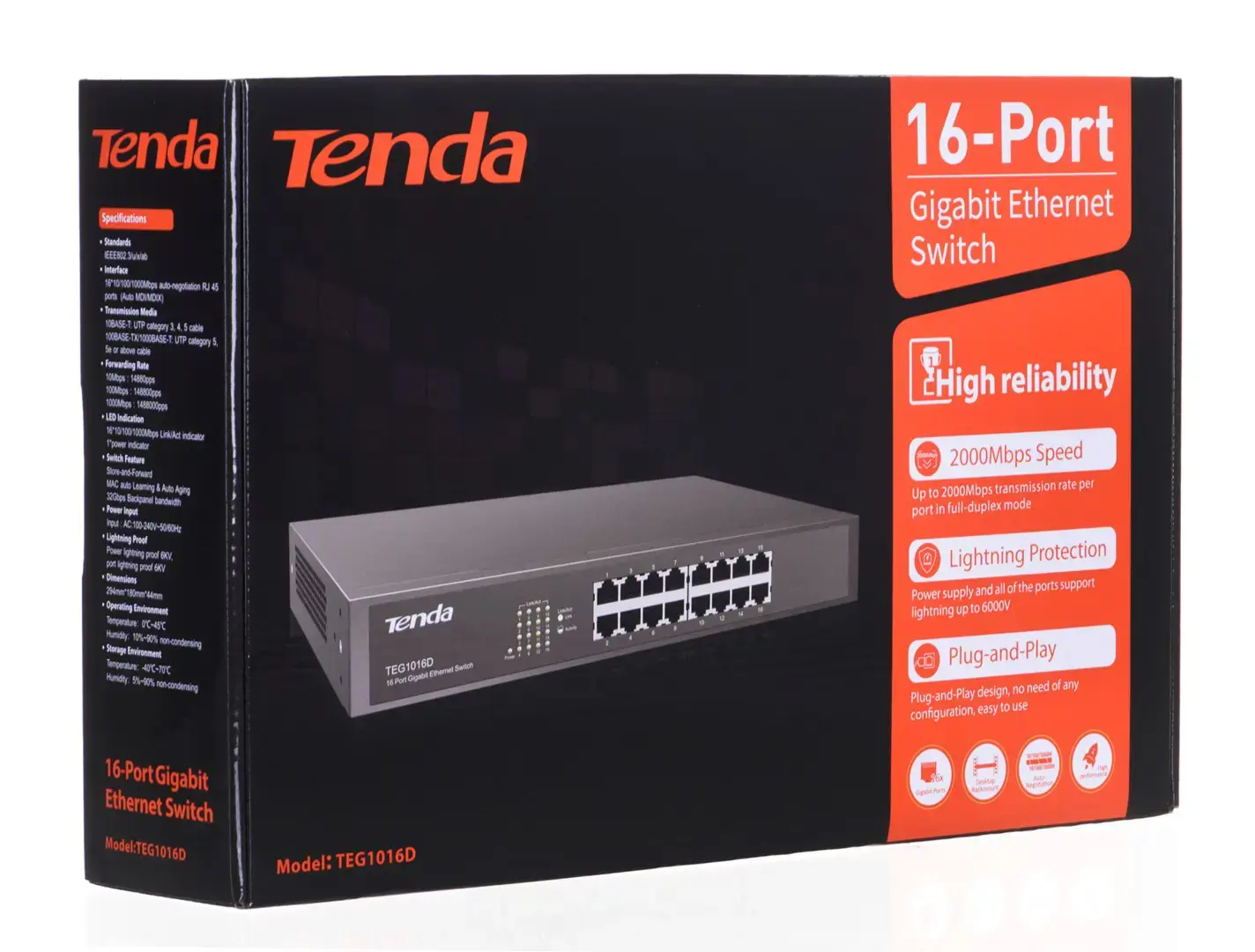 16 prievadų 10/100/1000 Mbps Ethernet komutatorius, IEEE802.3, IEEE802.3u, IEEE802.3z, IEEE802.3ab, automatinis MDI/MDIX, apsauga nuo audros, 11 colių metalinis korpusas su metaliniais tvirtinimo laikikliais, tinkamais montuoti į 19 colių spintą