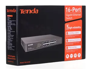 16 prievadų 10/100/1000 Mbps Ethernet komutatorius, IEEE802.3, IEEE802.3u, IEEE802.3z, IEEE802.3ab, automatinis MDI/MDIX, apsauga nuo audros, 11 colių metalinis korpusas su metaliniais tvirtinimo laikikliais, tinkamais montuoti į 19 colių spintą