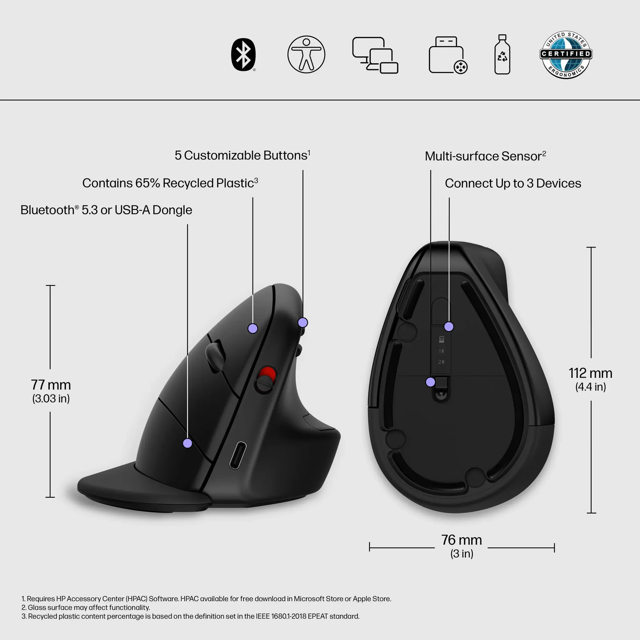 HP 925 Ergonomic Vertical Mouse, Right-hand, Vertical design, RF Wireless + Bluetooth, 4000 DPI, Black