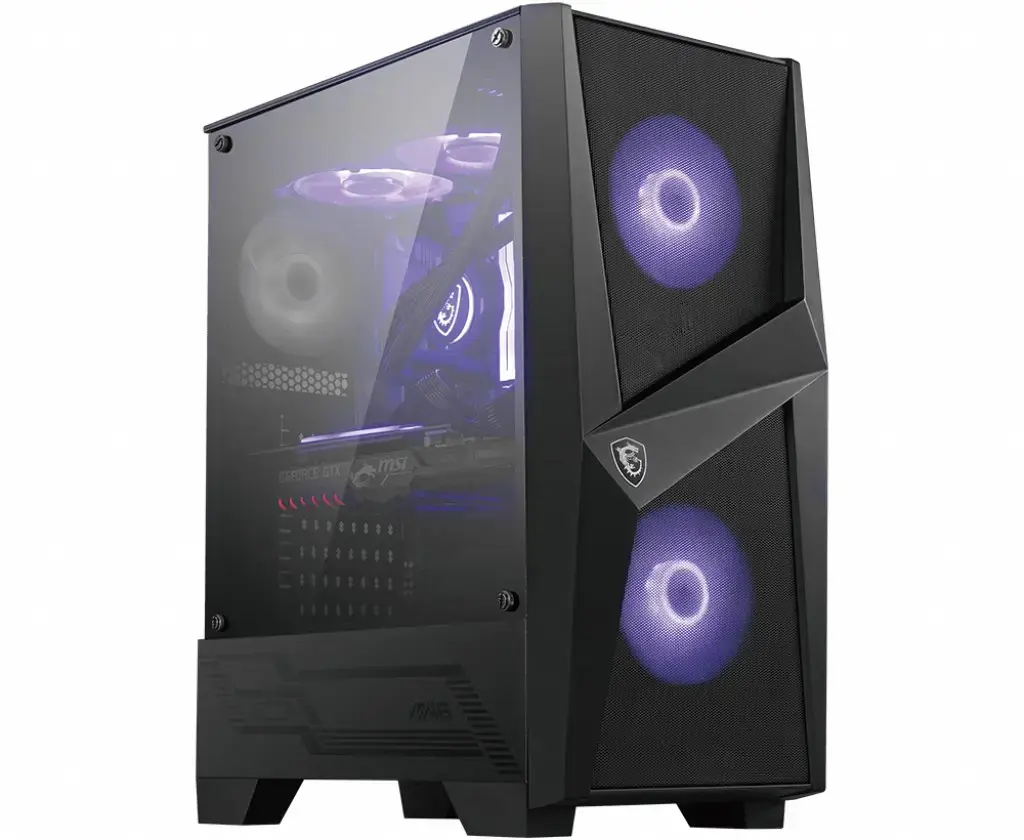 MSI MAG FORGE 100M Mid Tower žaidimų kompiuterių korpusas "Juodas, 2x 120mm RGB PWM ventiliatorius, 1x 120mm ventiliatorius, 1-6 RGB šakotuvas, grūdinto stiklo plokštė, ATX, mATX, mini-ITX", Midi Tower, kompiuteris, juodas, skaidrus, ATX, Mini-ATX, Mini-ITX, grūdintas stiklas, žaidimų