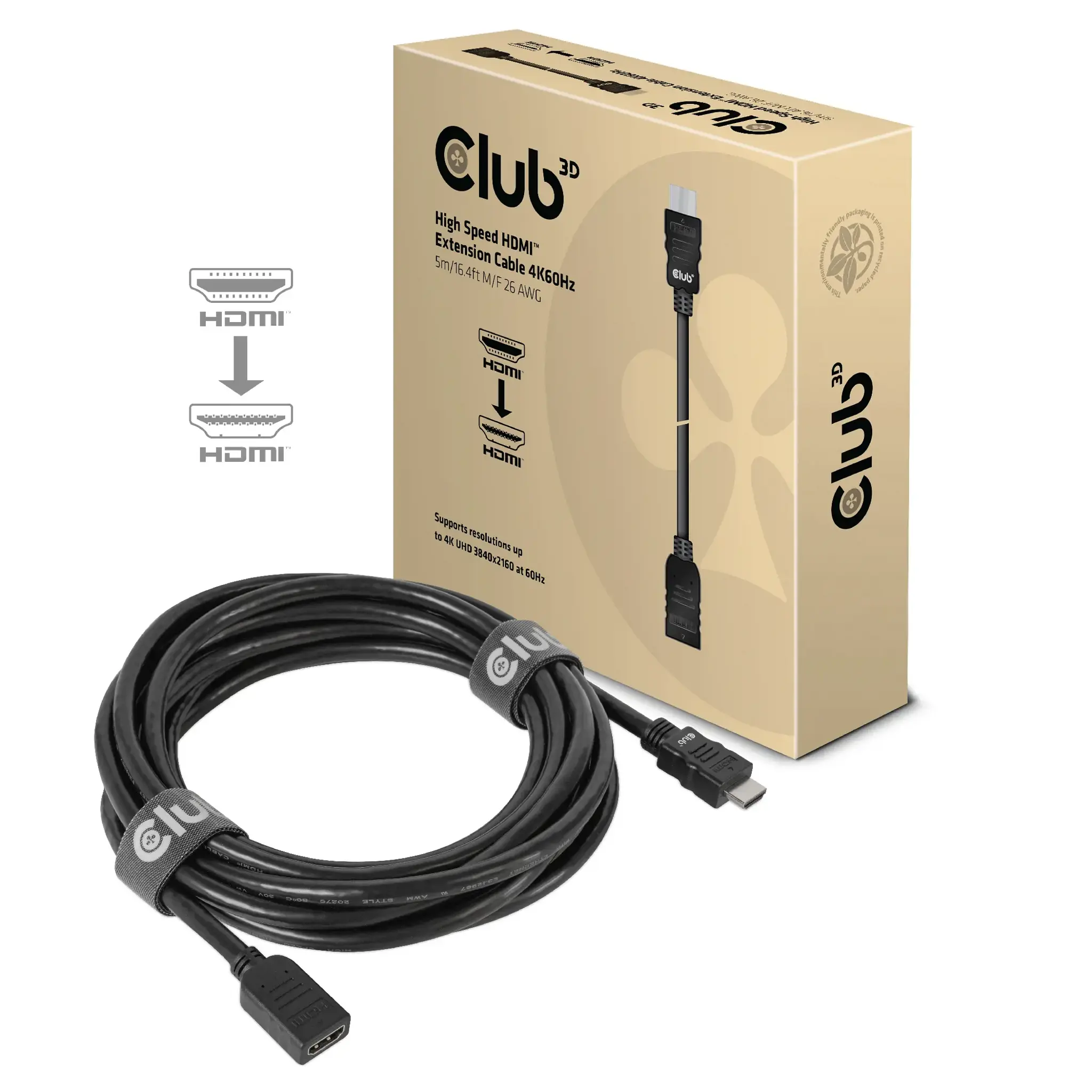 CLUB3D High Speed HDMI™ Extension Cable 4K60Hz M/F 5m/16.4ft 26 AWG, 5 m, HDMI Type A (Standard), HDMI Type A (Standard), 3D, 18 Gbit/s, Black