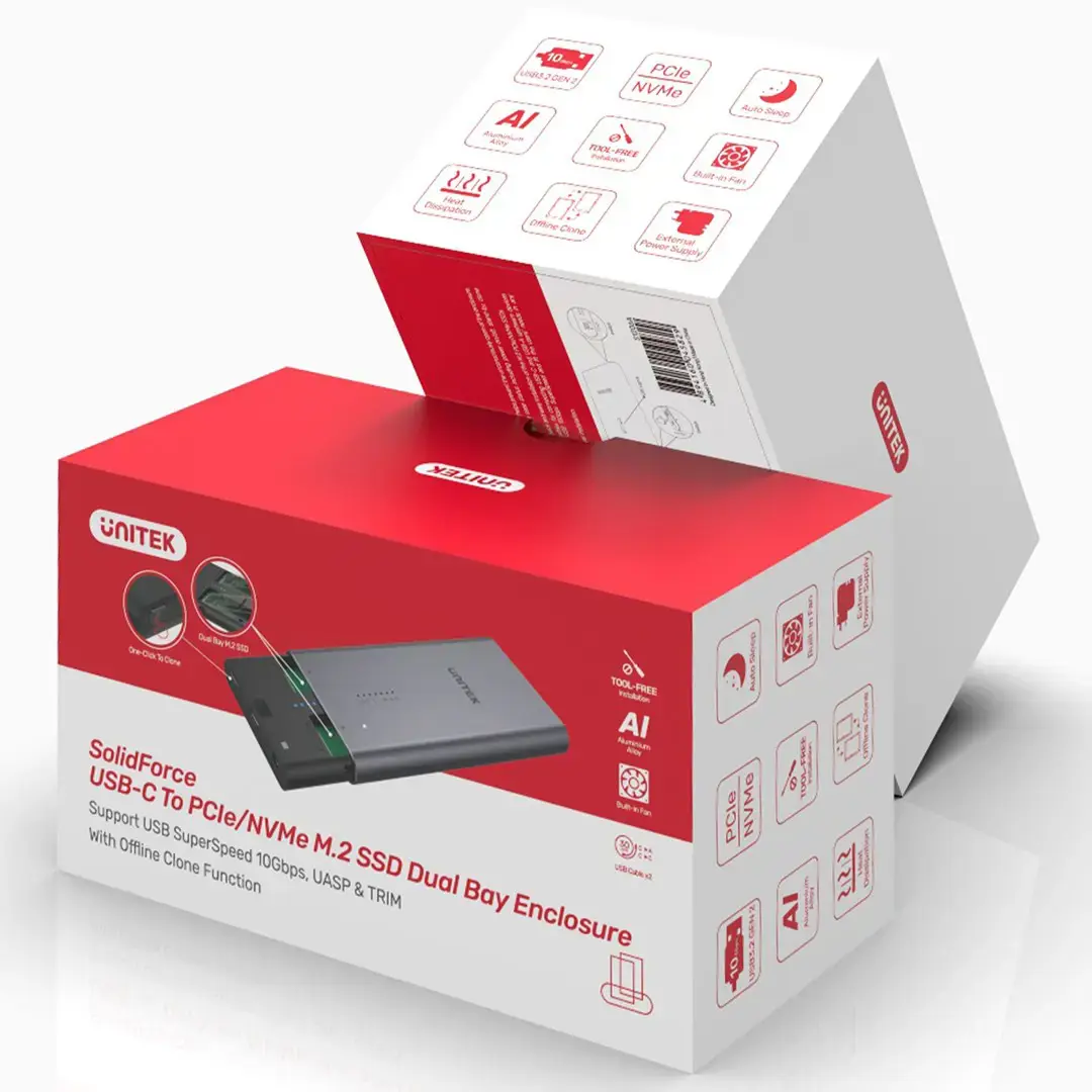 UNITEK SolidForce USB-C ir PCIe/NVMe M.2 SSD 10Gb/s dviejų įlajų korpusas su neprisijungusiu klonu S1206A
