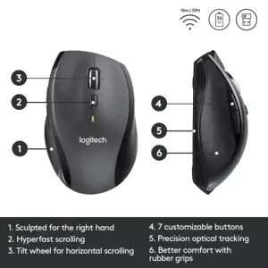 LOGITECH belaidė pelė M705 Silver / Marathon - Lazerinė - Mažytis unifikuotas nano imtuvas - Muis Zilver Draadloos