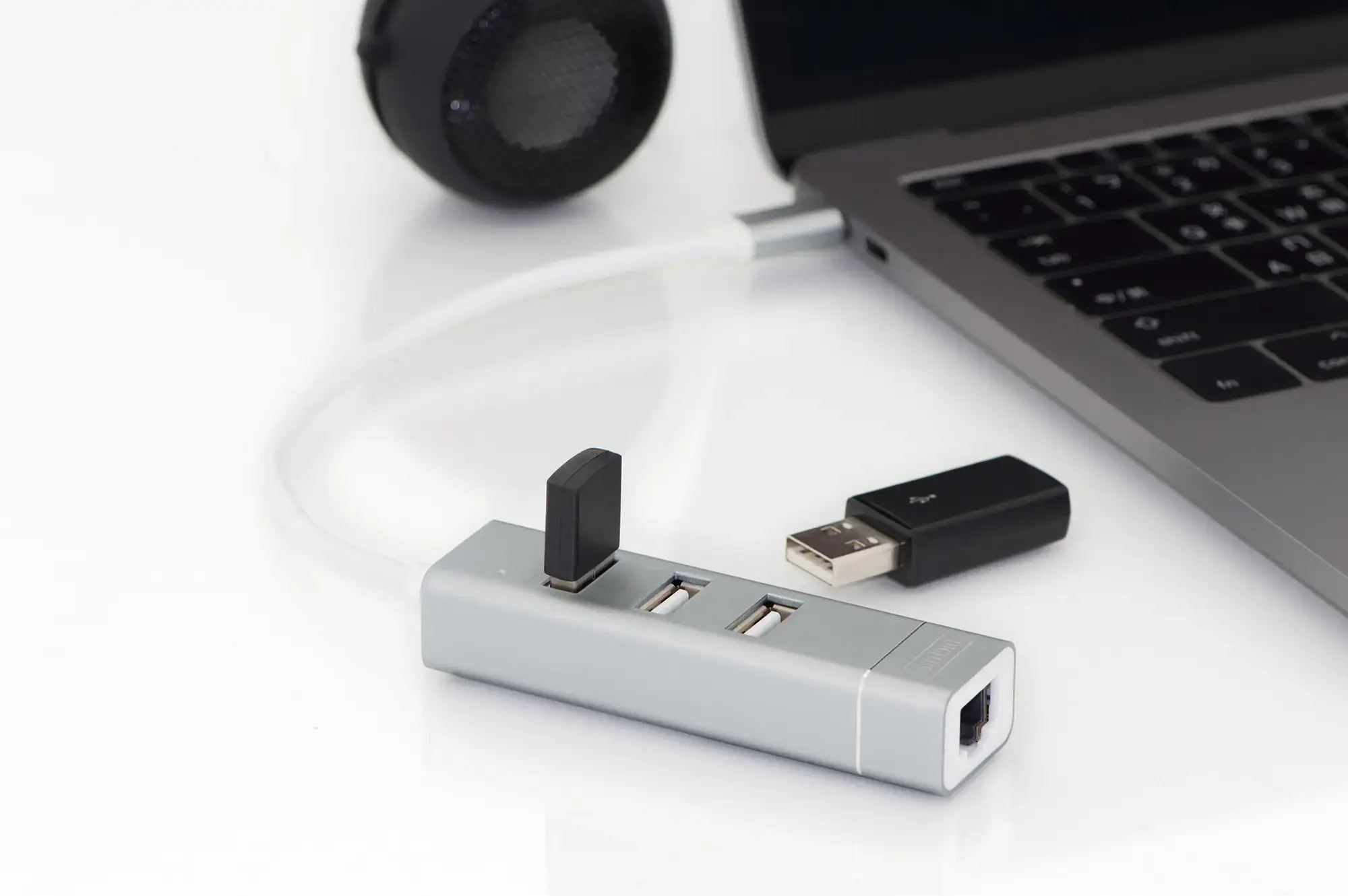 DIGITUS USB 2.0 3 prievadų šakotuvas + Fast Ethernet LAN adapteris su C tipo jungtimi