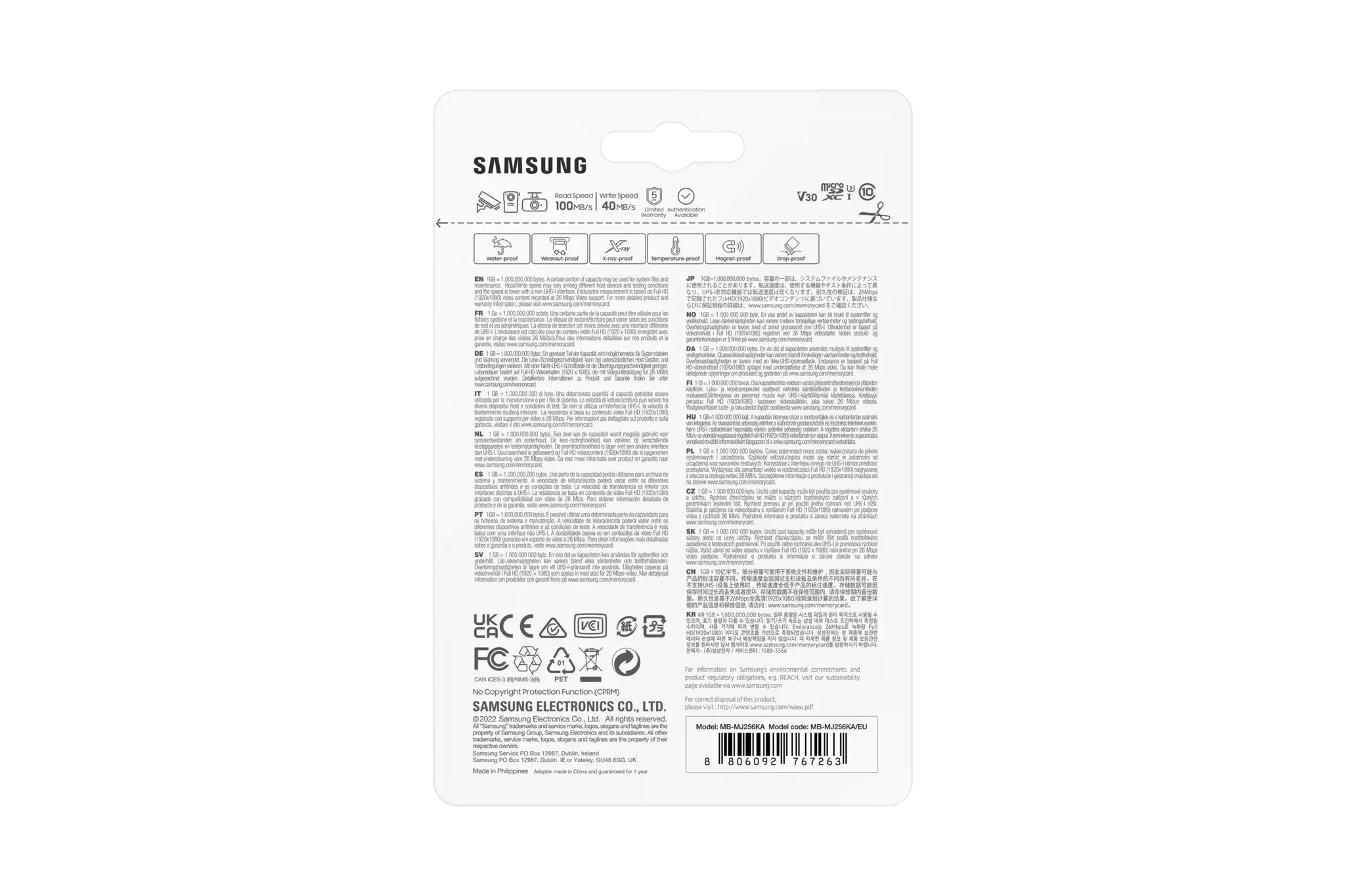 "Samsung" MB-MJ256K, 256 GB, "MicroSDXC", 10 klasė, UHS-I, 100 MB/s, 40 MB/s