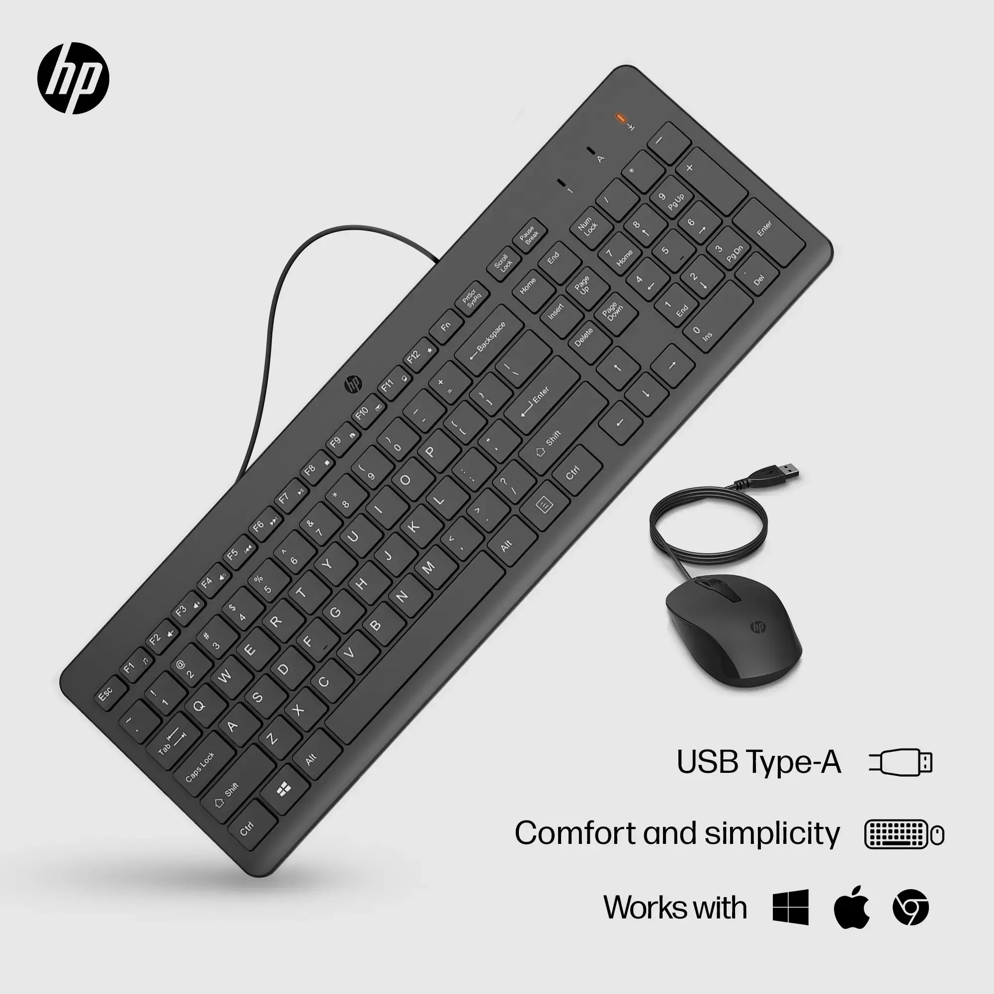 HP 150 laidinė pelė ir klaviatūra, pilno dydžio (100%), USB, membraninė, QWERTY, juoda, pelė pridedama
