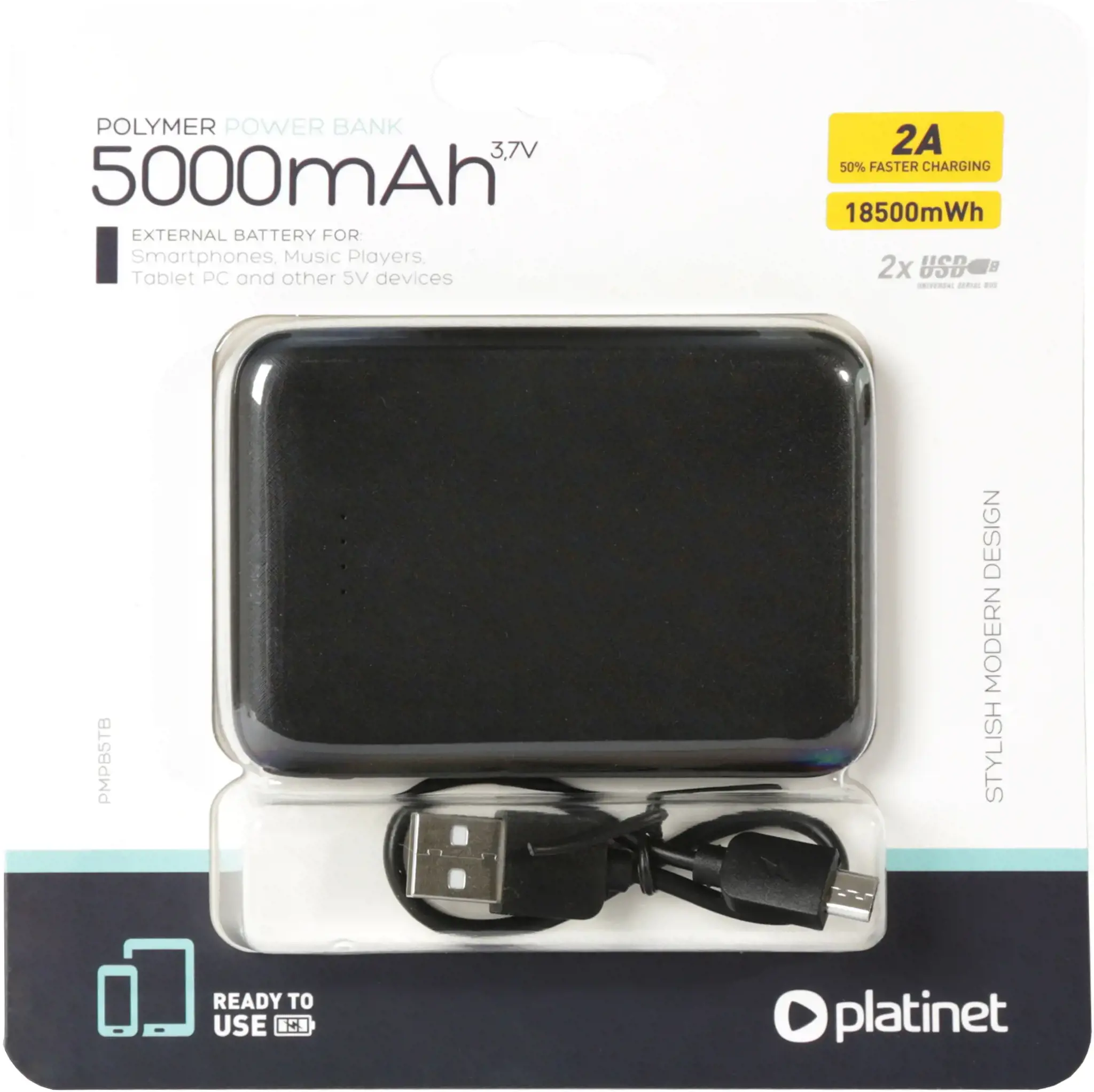Platinet power bank 5000mAh polimerinis, juodas (44815)