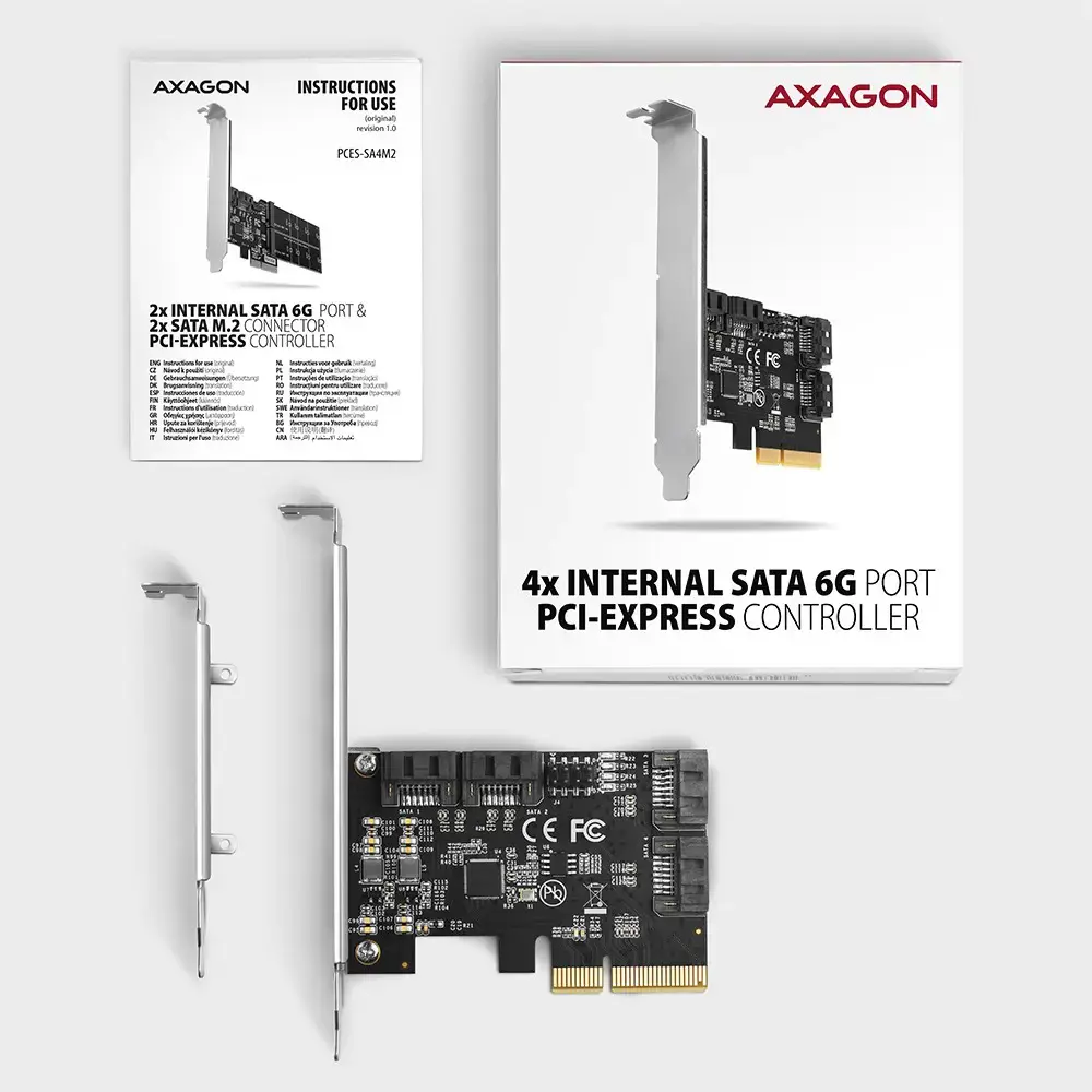 "Axagon" keturių kanalų SATA III PCI-Express valdiklis su keturiais vidiniais SATA prievadais. Standartinis ir žemo profilio.