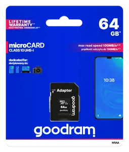 Goodram M1AA, 64 GB, MicroSDXC, Class 10, UHS-I, 100 MB/s, 10 MB/s