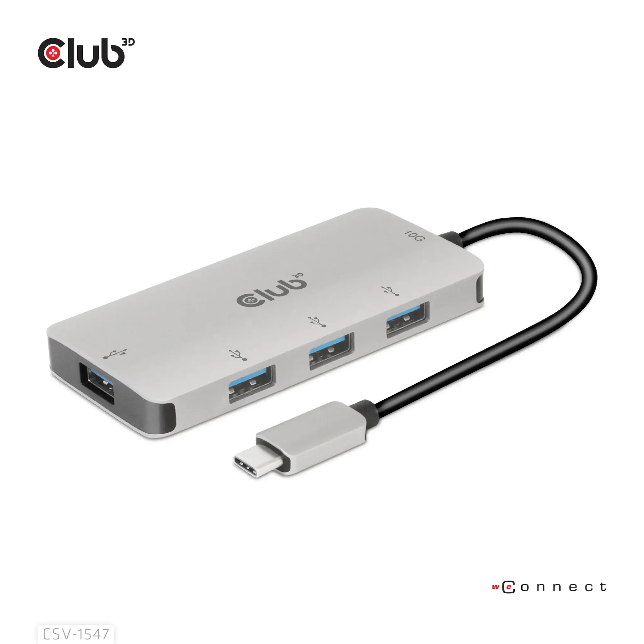 CLUB3D USB Gen2 Type-C to 10Gbps 4x USB Type-A Hub, USB 3.2 Gen 2 (3.1 Gen 2) Type-C, USB 3.2 Gen 2 (3.1 Gen 2) Type-A, 10000 Mbit/s, Black, Silver, Round cable, 0.262 m