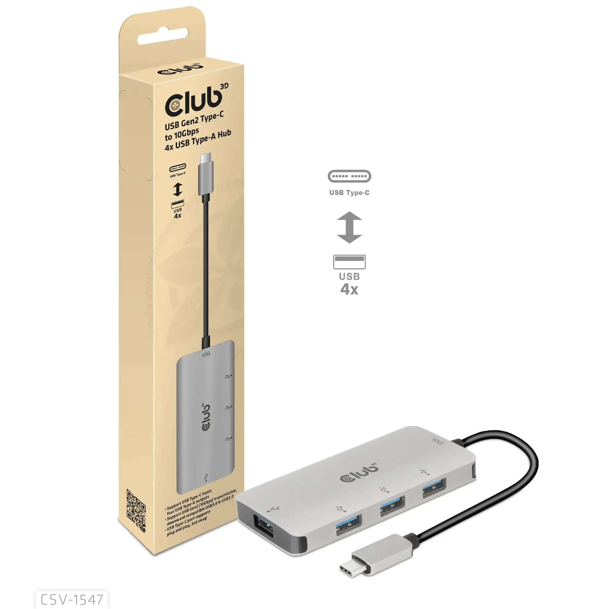 CLUB3D USB Gen2 Type-C to 10Gbps 4x USB Type-A Hub, USB 3.2 Gen 2 (3.1 Gen 2) Type-C, USB 3.2 Gen 2 (3.1 Gen 2) Type-A, 10000 Mbit/s, Black, Silver, Round cable, 0.262 m