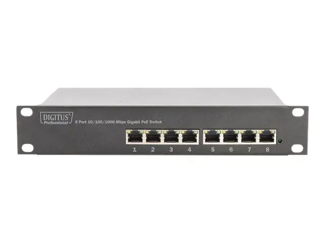 DIGITUS 10 colių 8 prievadų Gigabit Ethernet PoE komutatorius 8 x 10/100/1000Mbps RJ45 PoE 96W su 10 colių laikikliais