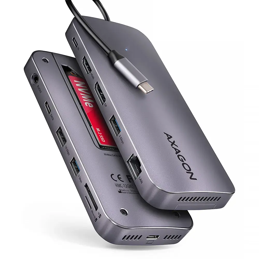 AXAGON Multiport USB-C 10Gbps hub. NVMe/SATA M.2, HDMI and DisplayPort. Cable USB-C 50 cm.