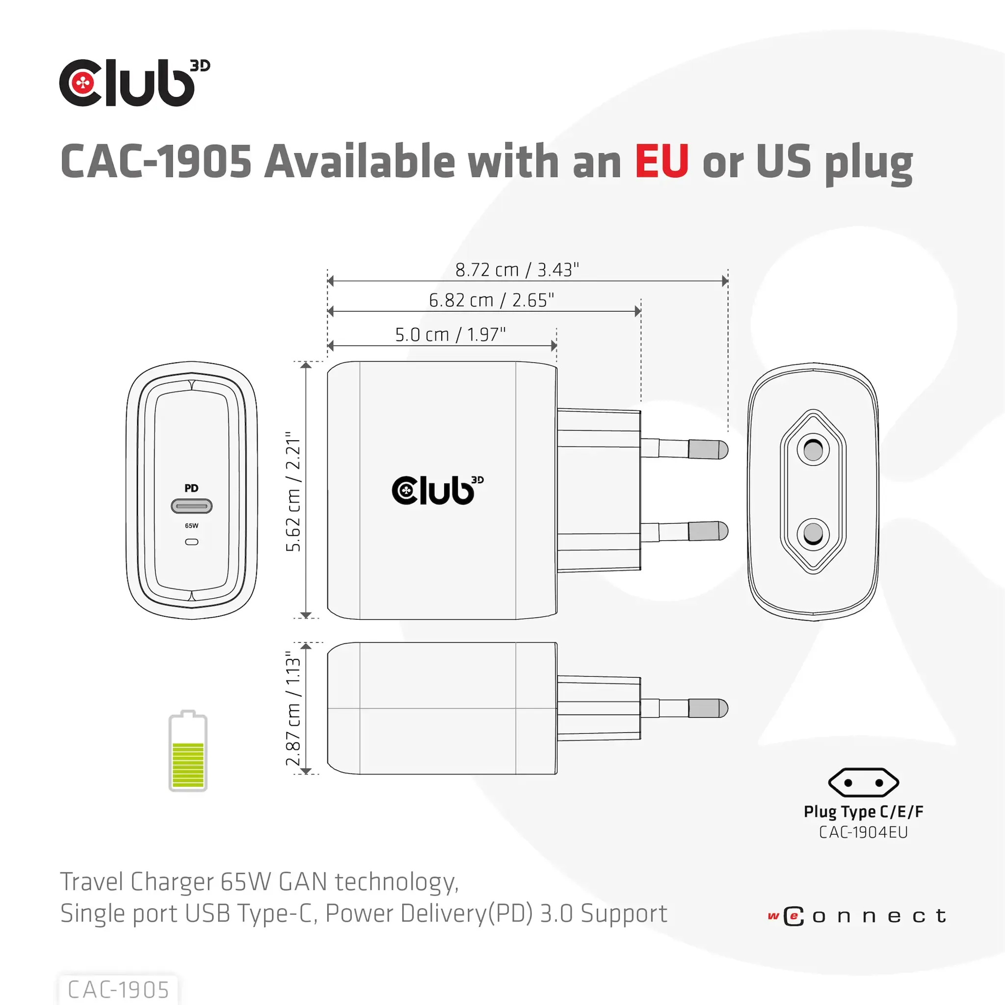 CLUB3D Travel Charger 65W GAN technology, Single port USB Type-C, Power Delivery(PD) 3.0 Support, Indoor, AC, Black
